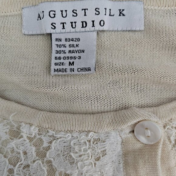 💎August Silk Studio Knit Long Sleeve Lace Silk Cream Button Up Cardigan Sweater - Picture 2 of 5